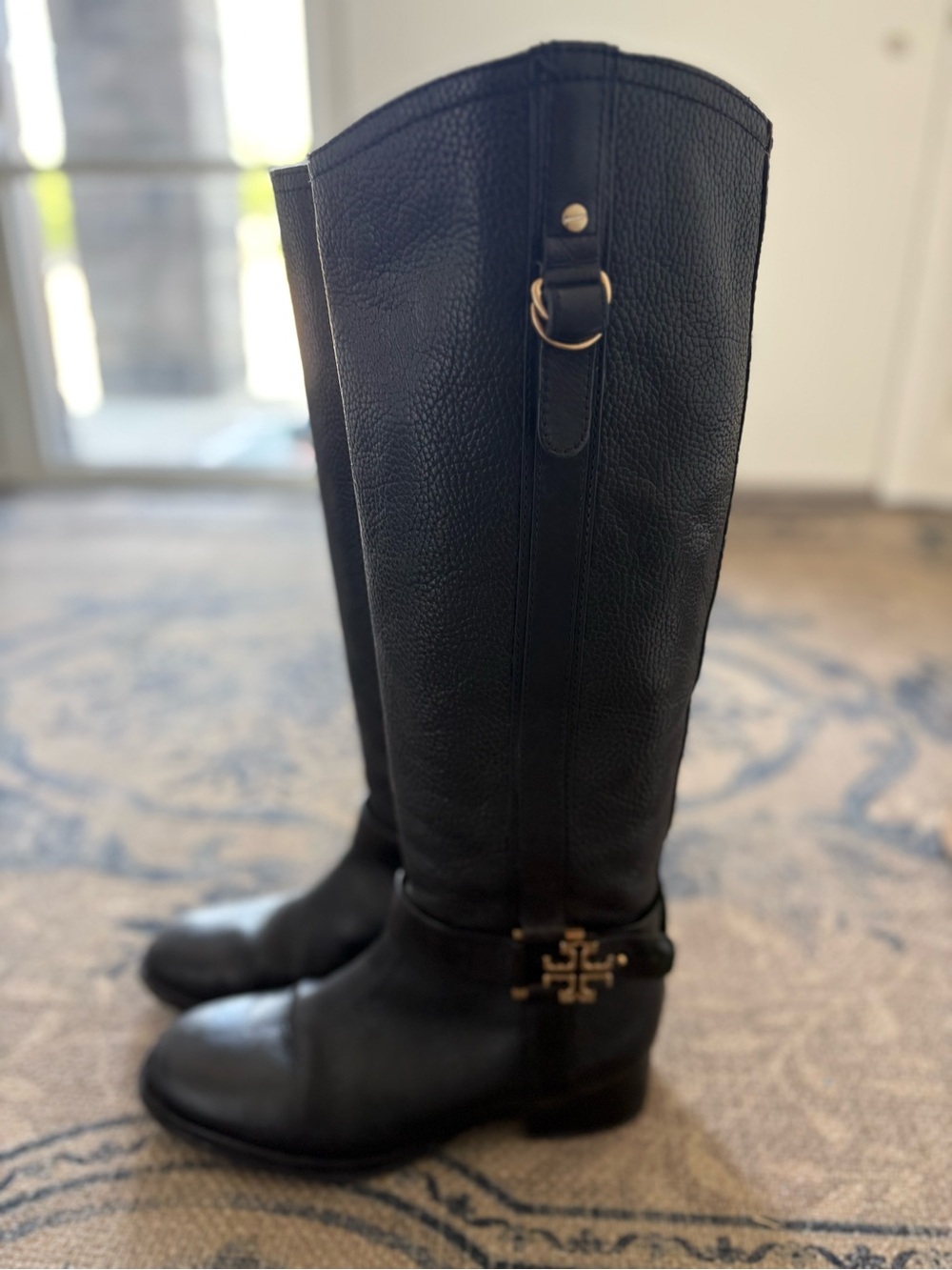 Tory Burch Tall Black Leather Riding Boots with Gold Logo Accent * 7M